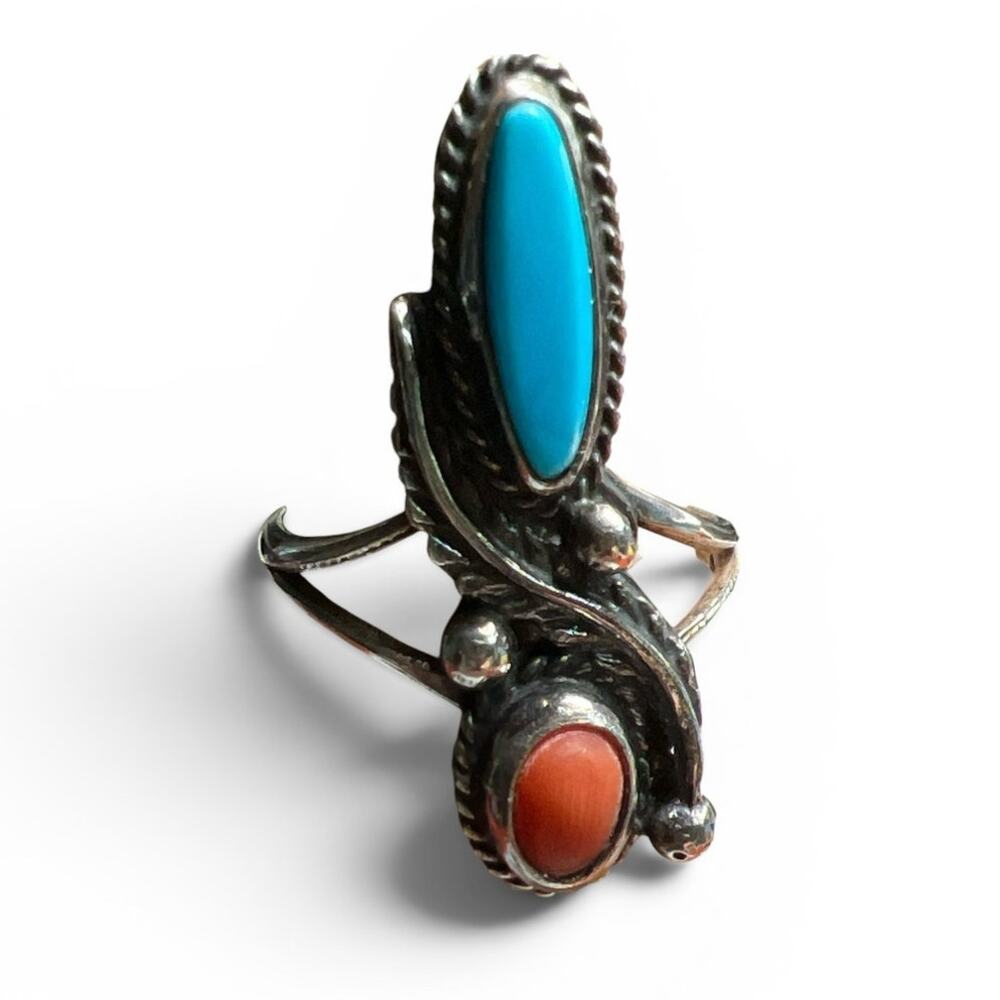 Vintage Navajo Style Sterling Silver Turquoise and Coral Two Stone Ring Size 5.5